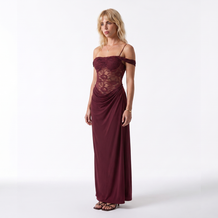 Sheer Lace Corset Off Shoulder Maxi Dress – Draped Cocktail Party Dress — Burgundy with bra pad