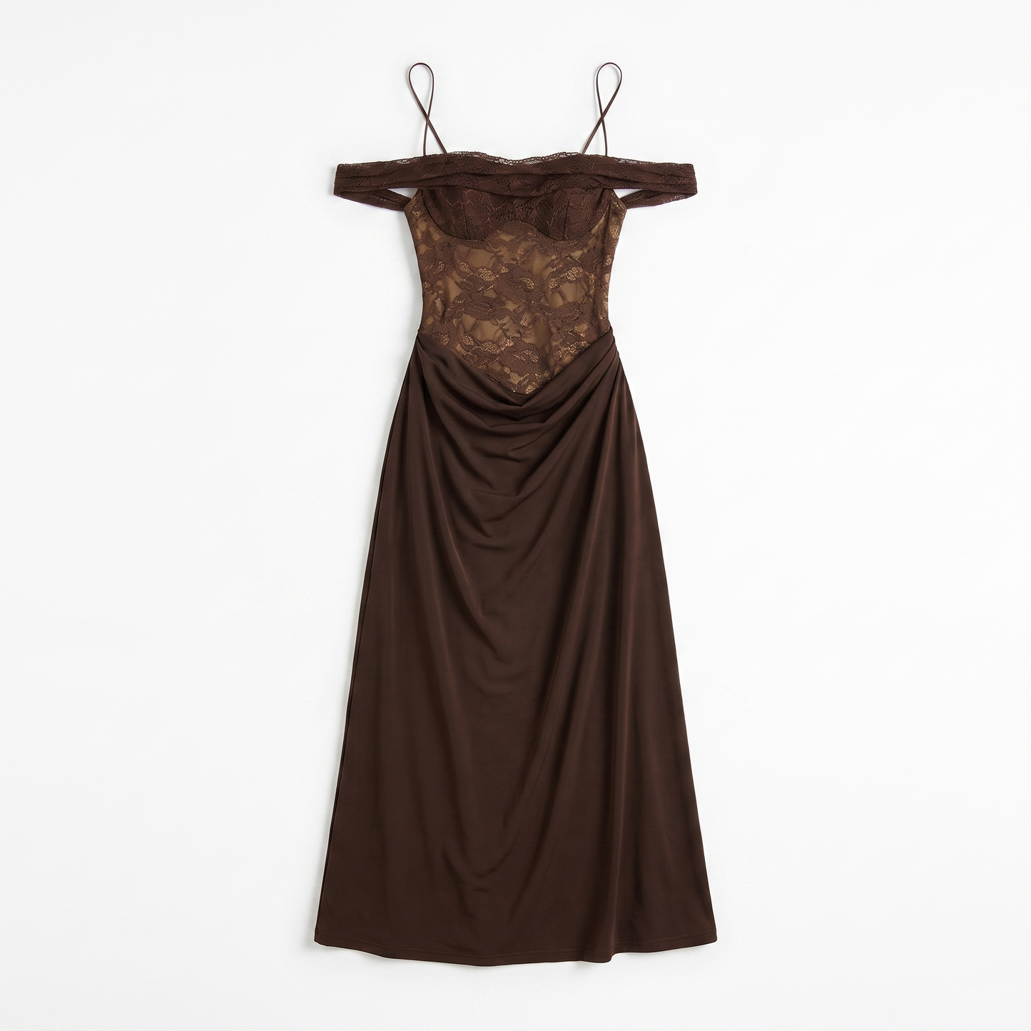 Sunoire women gown fashion off shoulder sleeveless backless club long dresses one shoulder lace see through sexy maxi dress garment flatlay 01