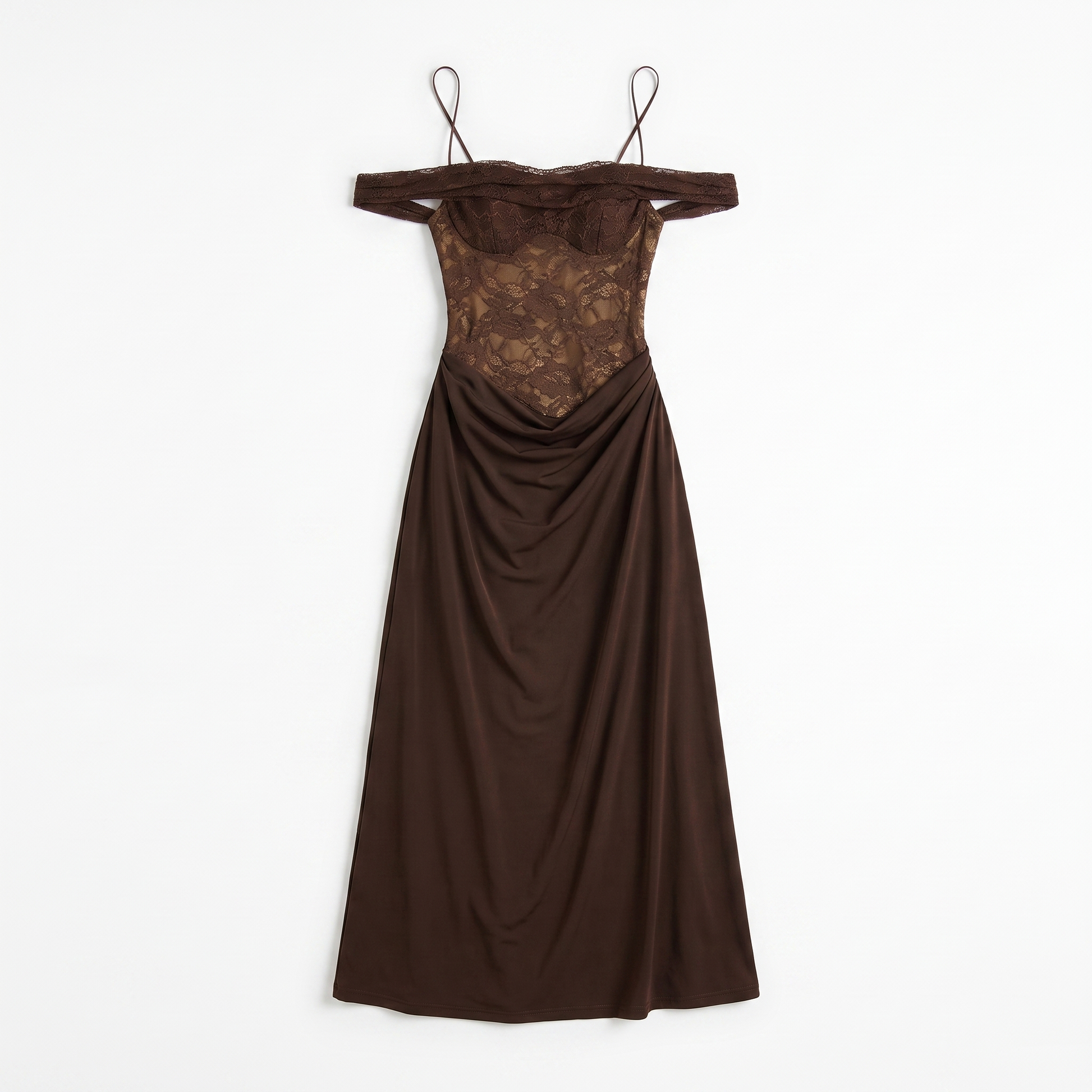 Sunoire women gown fashion off shoulder sleeveless backless club long dresses one shoulder lace see through sexy maxi dress garment flatlay 01