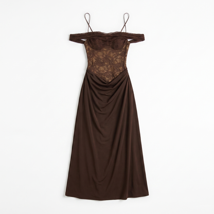 Sunoire women gown fashion off shoulder sleeveless backless club long dresses one shoulder lace see through sexy maxi dress garment flatlay 01