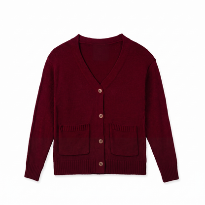 Sunoire women knitted v neck cardigan long sleeve solid color button front pocket casual anti wrinkle winter wear garment flatlay 01