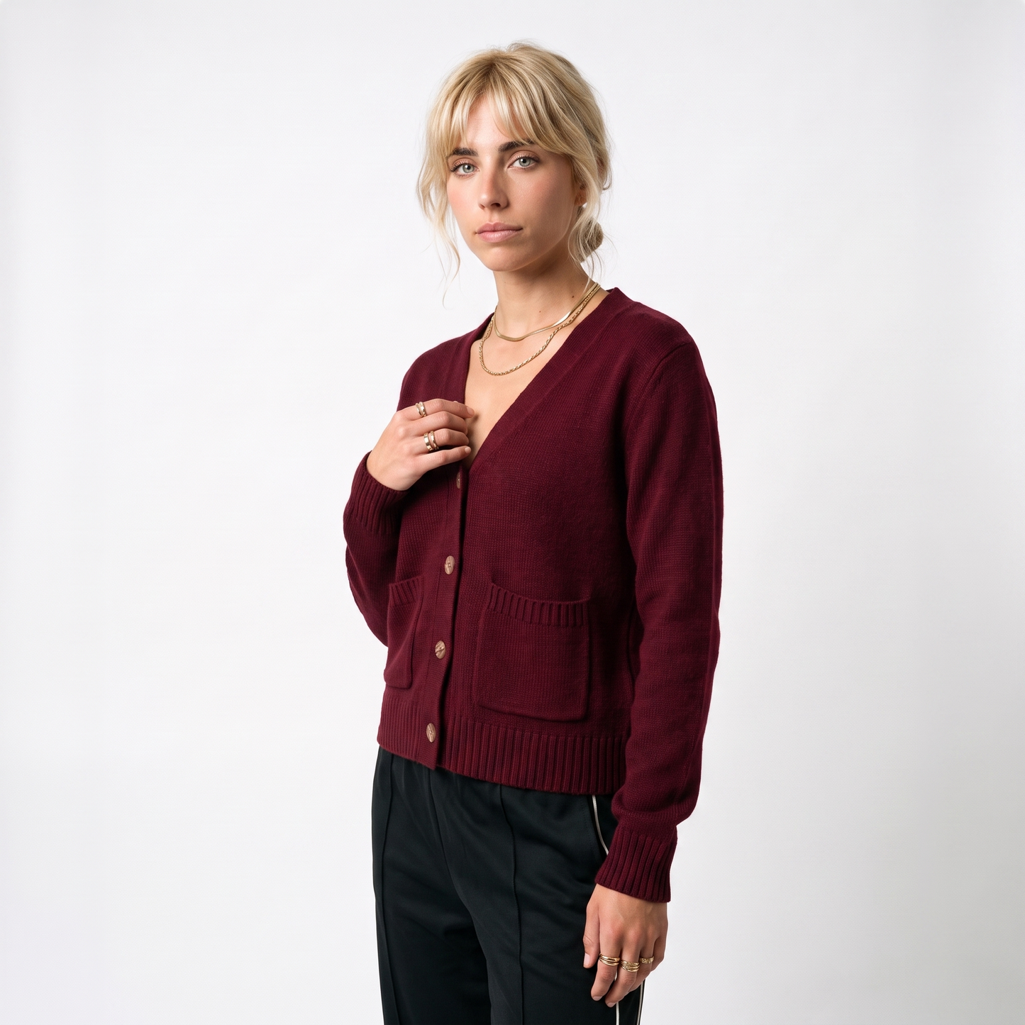 Sunoire women knitted v neck cardigan long sleeve solid color button front pocket casual anti wrinkle winter wear top crop 3q 01
