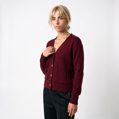 Sunoire women knitted v neck cardigan long sleeve solid color button front pocket casual anti wrinkle winter wear top crop 3q 01