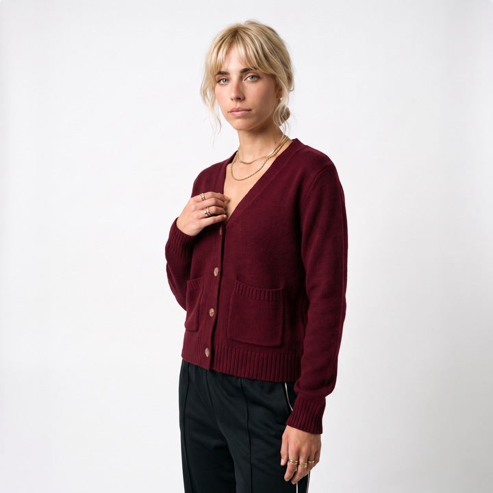 Sunoire women knitted v neck cardigan long sleeve solid color button front pocket casual anti wrinkle winter wear top crop 3q 01