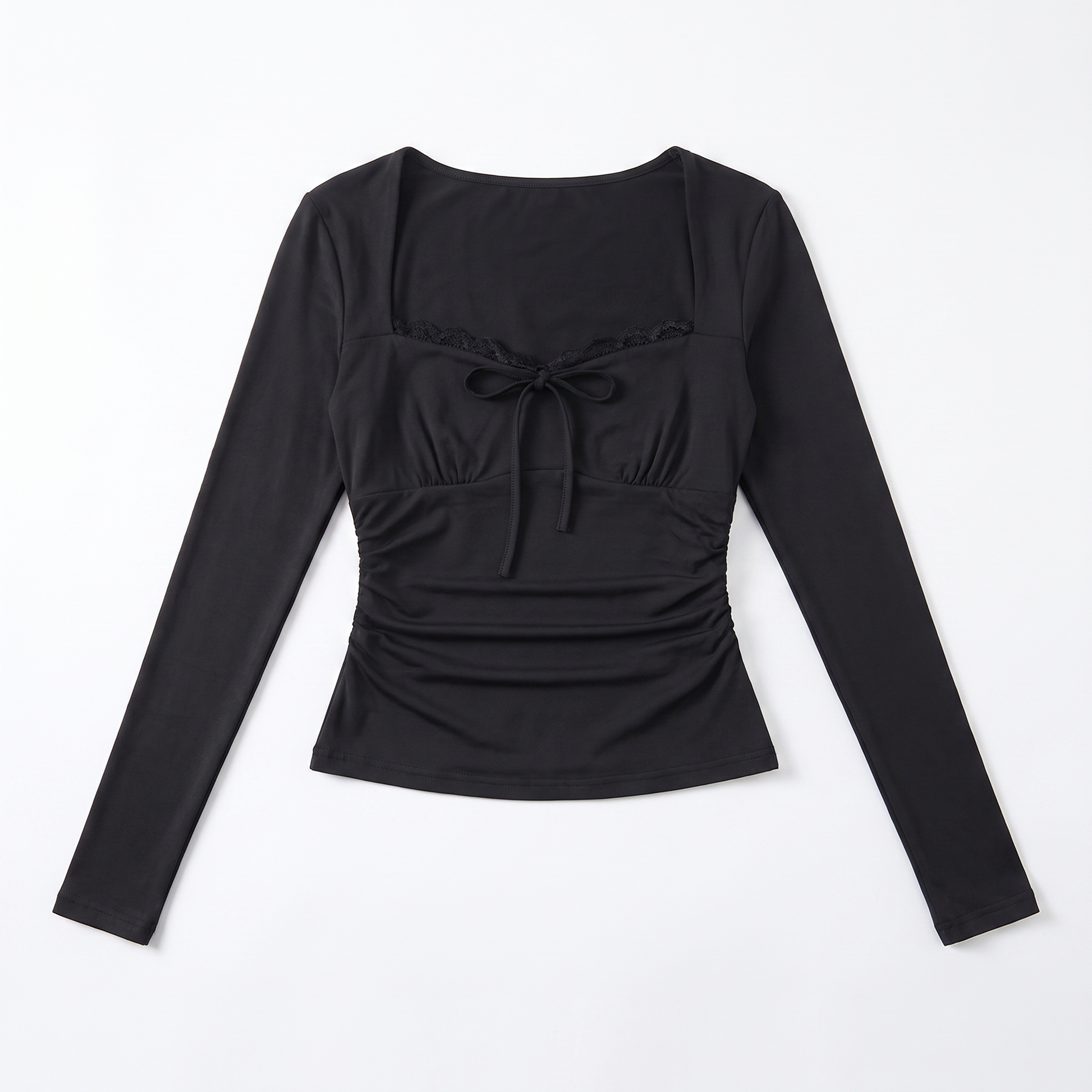 Sunoire women lace trim square neck long sleeve crop top slim fit tie front y2k sexy elegant bodycon spring tee streetwear daily wears garment flatlay 01