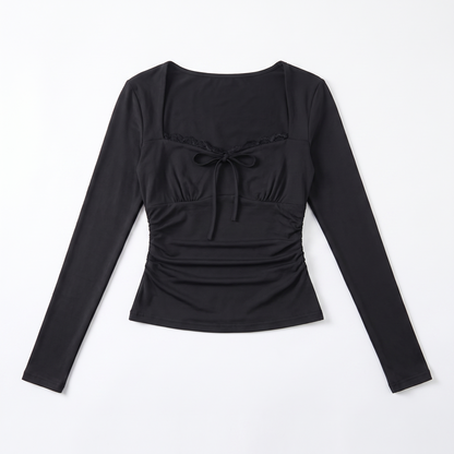 Sunoire women lace trim square neck long sleeve crop top slim fit tie front y2k sexy elegant bodycon spring tee streetwear daily wears garment flatlay 01