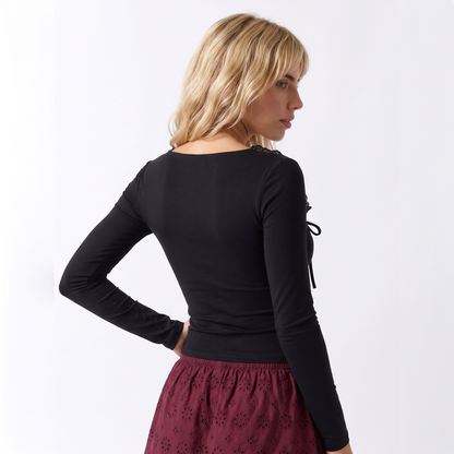 Sunoire women lace trim square neck long sleeve crop top slim fit tie front y2k sexy elegant bodycon spring tee streetwear daily wears top back crop 01