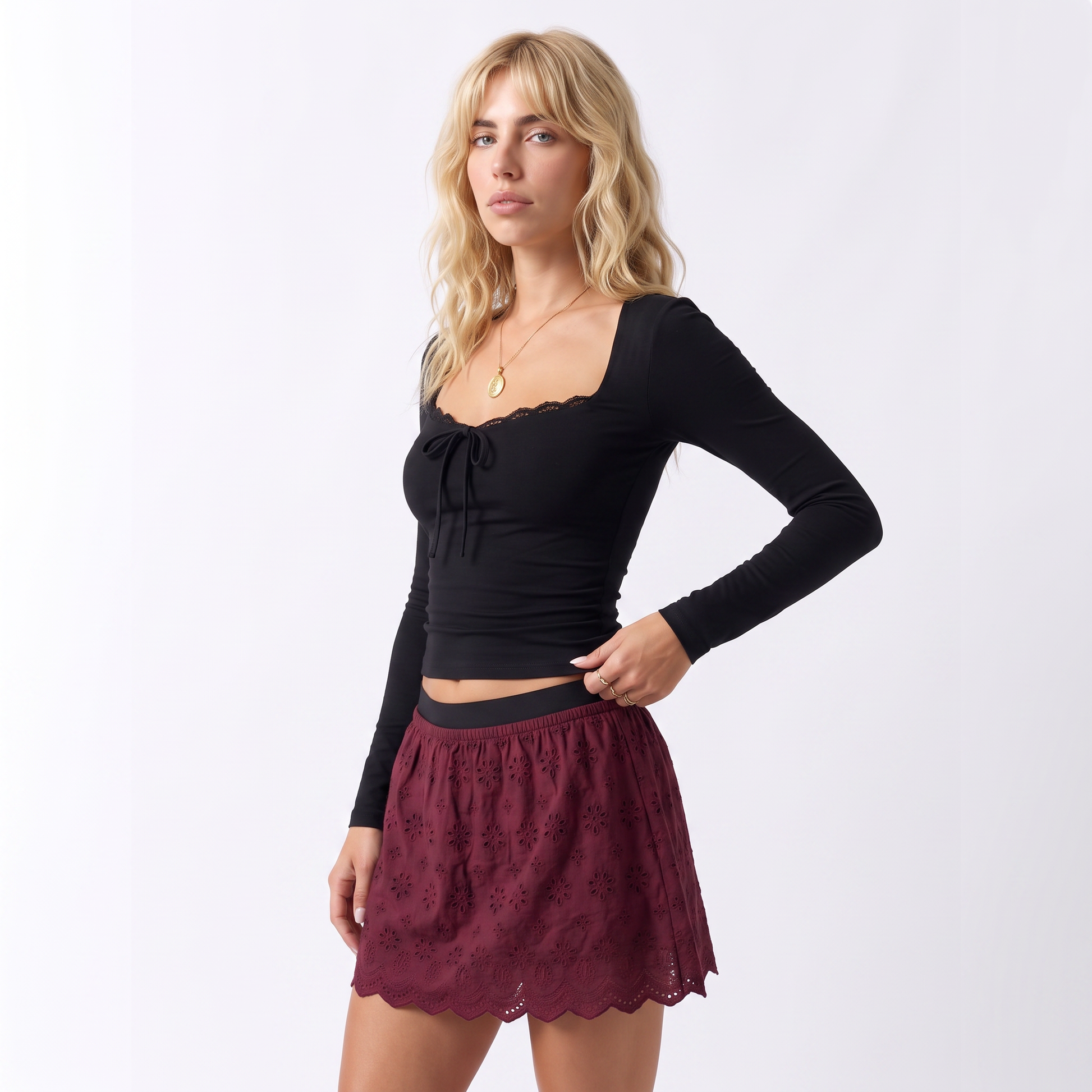 Sunoire women lace trim square neck long sleeve crop top slim fit tie front y2k sexy elegant bodycon spring tee streetwear daily wears top crop 3q 01
