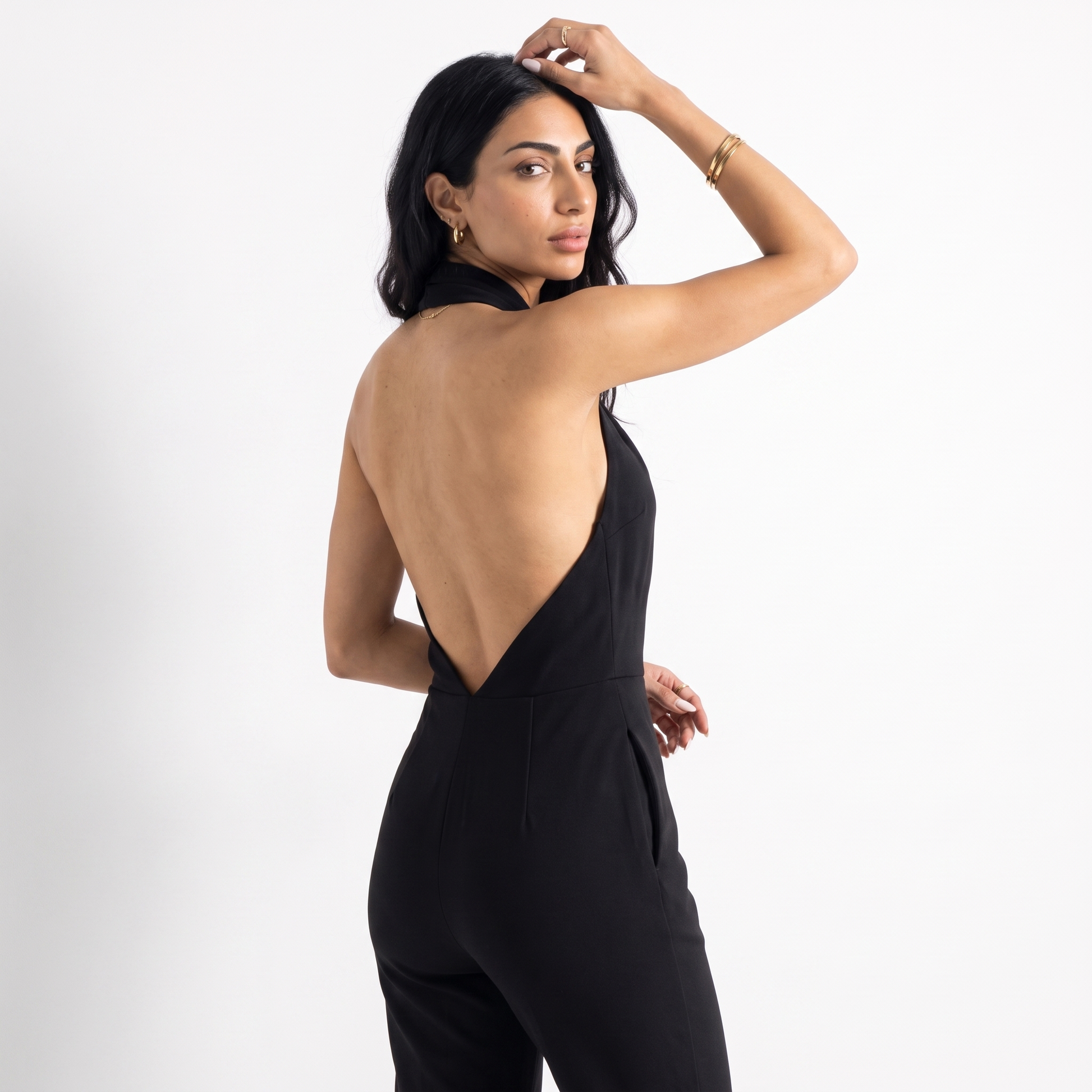 Sunoire women luxury sexy backless ruched black bodycon jumpsuit celebrity designer high street rompers birthday evening cocktail party back view 01