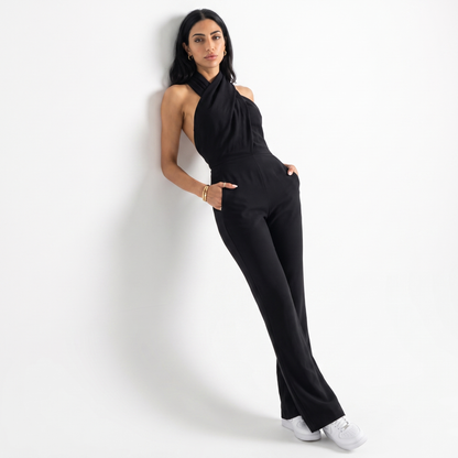Sunoire women luxury sexy backless ruched black bodycon jumpsuit celebrity designer high street rompers birthday evening cocktail party front hero 01
