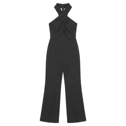 Sunoire women luxury sexy backless ruched black bodycon jumpsuit celebrity designer high street rompers birthday evening cocktail party garment flatlay 01