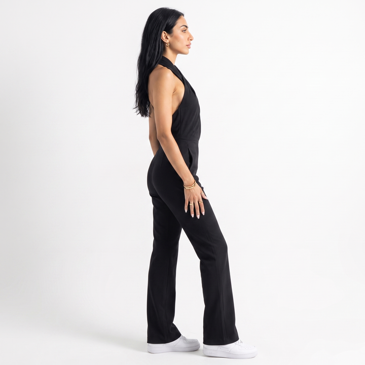 Sunoire women luxury sexy backless ruched black bodycon jumpsuit celebrity designer high street rompers birthday evening cocktail party side view 01