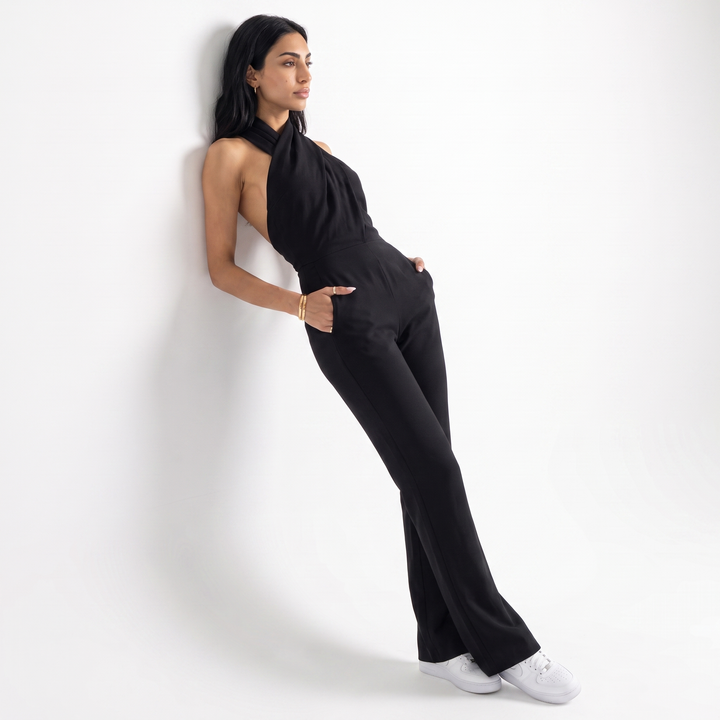 Sunoire women luxury sexy backless ruched black bodycon jumpsuit celebrity designer high street rompers birthday evening cocktail party three quarter 01