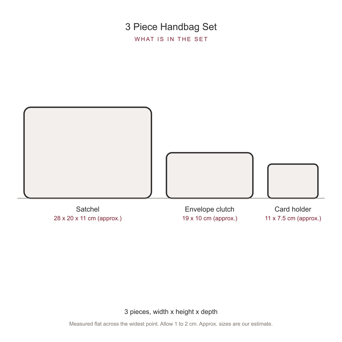 Women's 3 Piece Handbag and Purse Set, dimensions