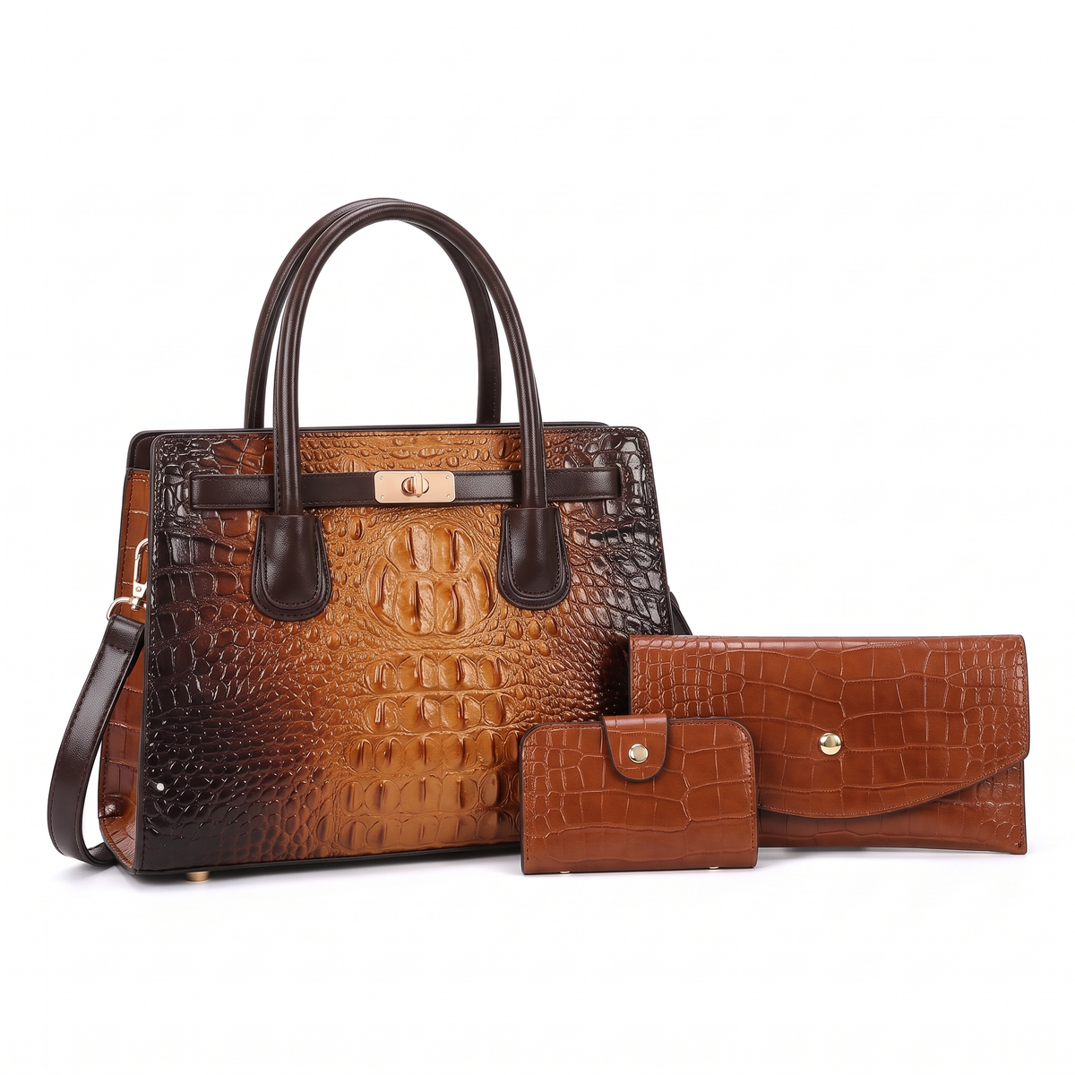 Women's 3 Piece Handbag and Purse Set, the whole set in Cognac
