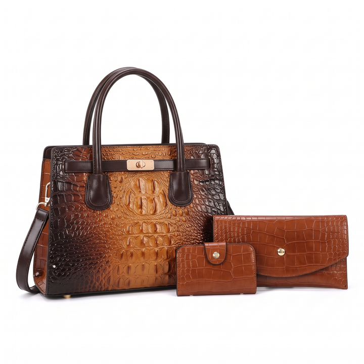 3 Piece Handbag and Purse Set, Croc Satchel Bag with Clutch and Card Holder, Gift for Her — Cognac