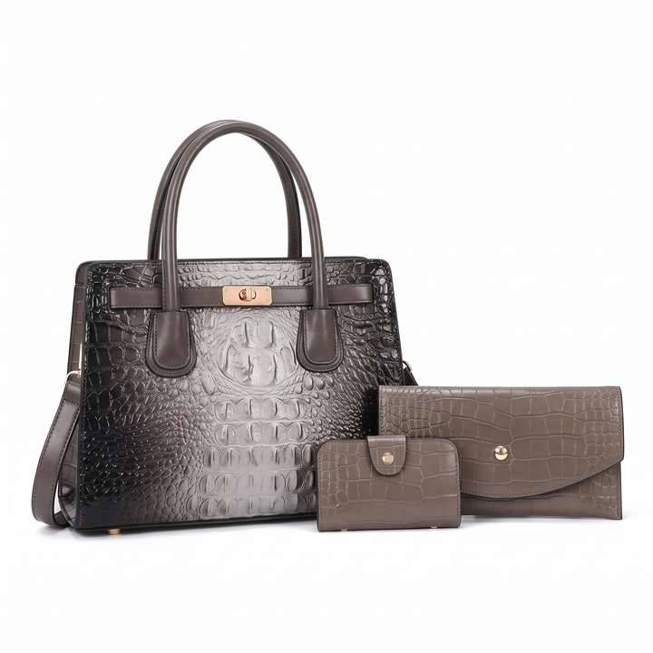 3 Piece Handbag and Purse Set, Croc Satchel Bag with Clutch and Card Holder, Gift for Her — Grey