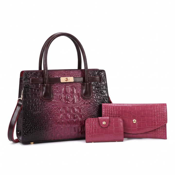 3 Piece Handbag and Purse Set, Croc Satchel Bag with Clutch and Card Holder, Gift for Her — Plum