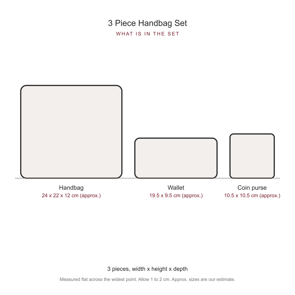Women's 3 Piece Handbag and Purse Set, dimensions