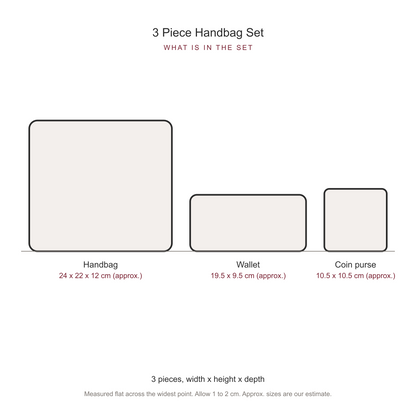 Women's 3 Piece Handbag and Purse Set, dimensions