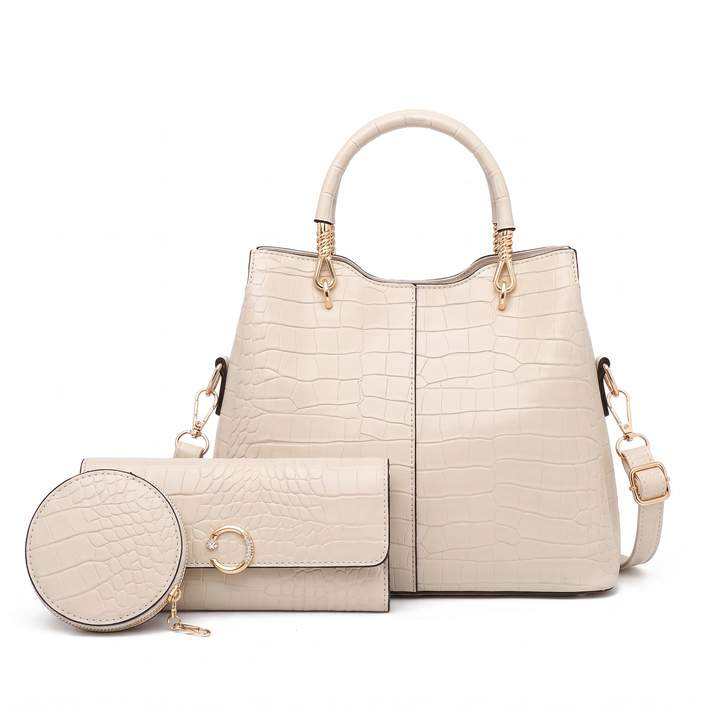 3 Piece Handbag and Purse Set, Croc Top Handle Bag with Wallet and Coin Purse, Gift for Her — Cream