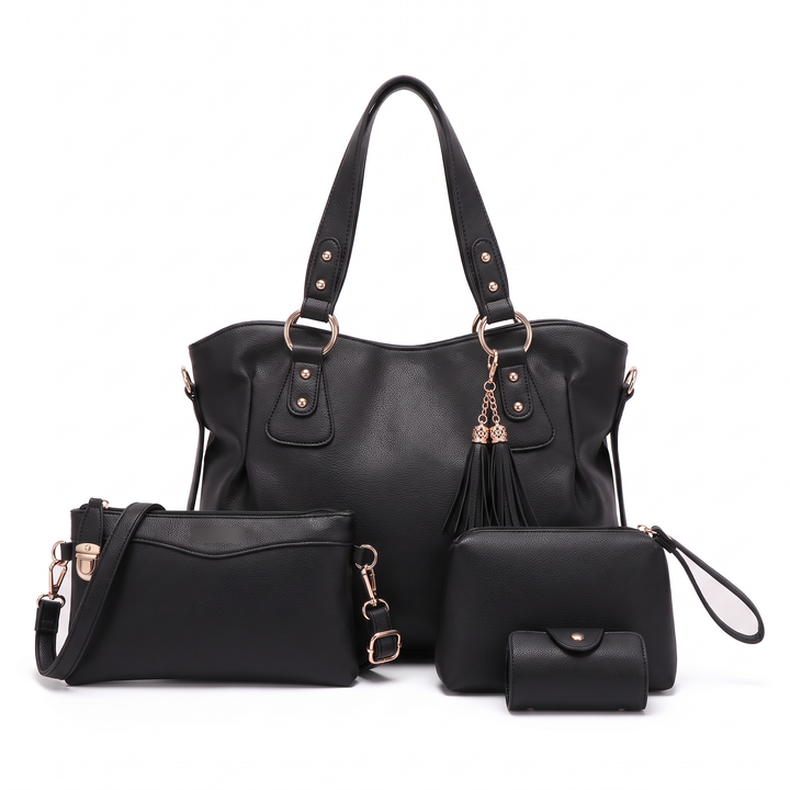 4 Piece Handbag and Purse Set, Hobo Tote Bag with Crossbody Bag, Wristlet and Card Holder, Gift for Her — Black