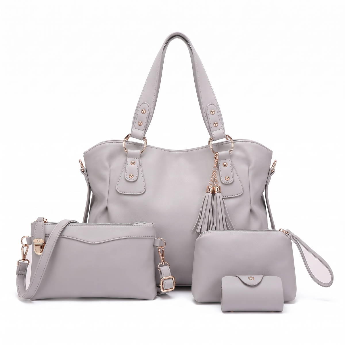 Women's 4 Piece Handbag and Purse Set, the whole set in Light Grey