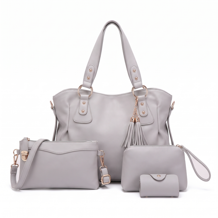 4 Piece Handbag and Purse Set, Hobo Tote Bag with Crossbody Bag, Wristlet and Card Holder, Gift for Her — Light Grey