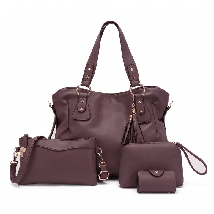 4 Piece Handbag and Purse Set, Hobo Tote Bag with Crossbody Bag, Wristlet and Card Holder, Gift for Her — Plum