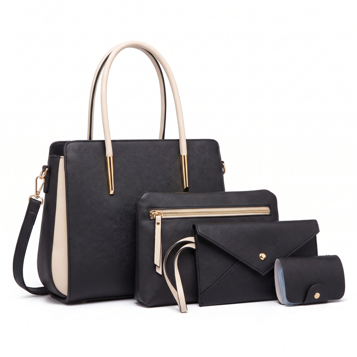 4 Piece Handbag and Purse Set, Two Tone Tote Bag with Pouch, Clutch and Card Holder, Gift for Her — Black