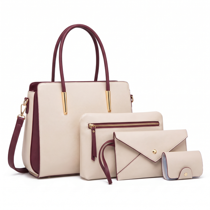 4 Piece Handbag and Purse Set, Two Tone Tote Bag with Pouch, Clutch and Card Holder, Gift for Her — Cream