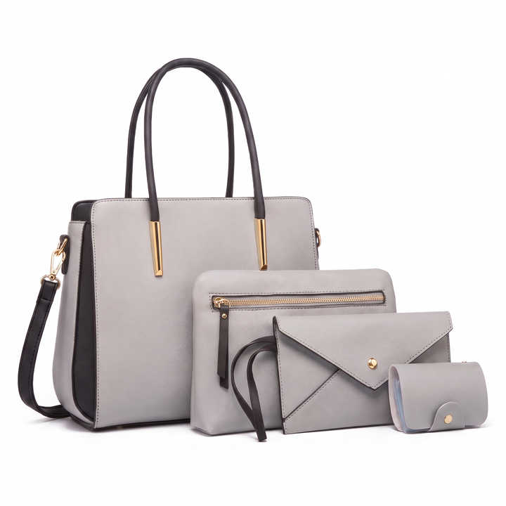 4 Piece Handbag and Purse Set, Two Tone Tote Bag with Pouch, Clutch and Card Holder, Gift for Her — Light Grey