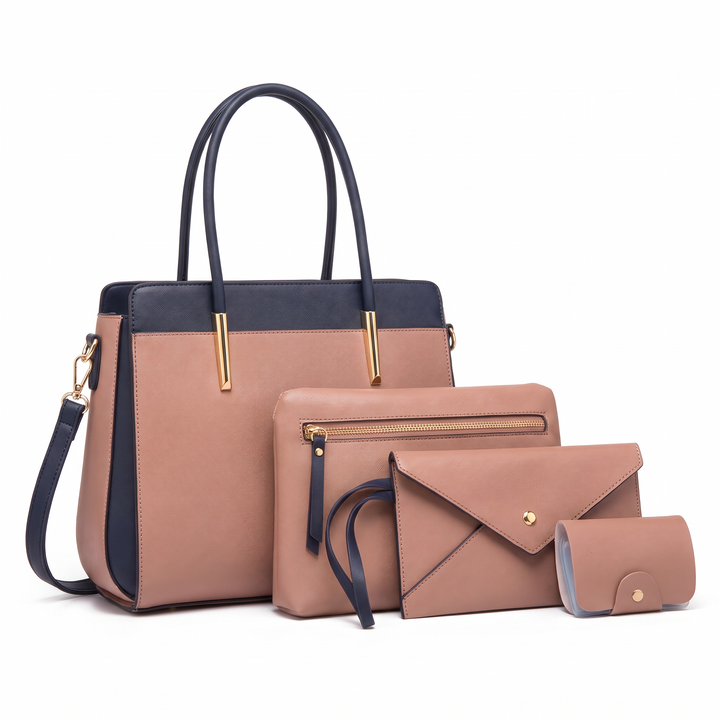 4 Piece Handbag and Purse Set, Two Tone Tote Bag with Pouch, Clutch and Card Holder, Gift for Her — Taupe