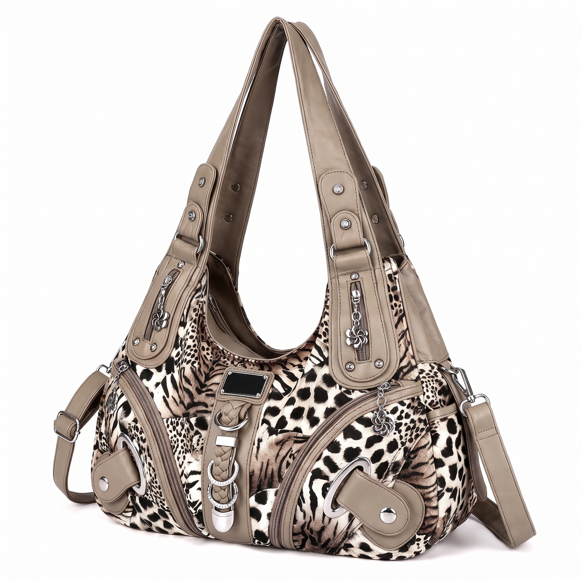 Women's Animal Print Vegan Leather Hobo Bag, three-quarter view