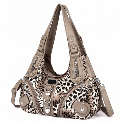 Women's Animal Print Vegan Leather Hobo Bag, three-quarter view