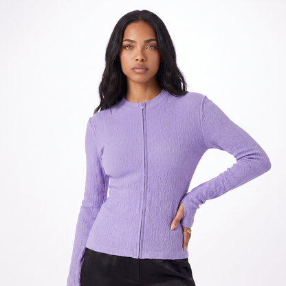 Sunoire women s autumn lightweight high elasticity texture knitted cardigan round neck long sleeved casual anti pilling sweater colorway purple front crop 01