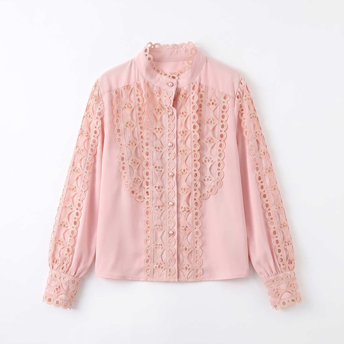 Sunoire women s autumn temperament long sleeved shirt loose and versatile lace shirt garment flatlay 01
