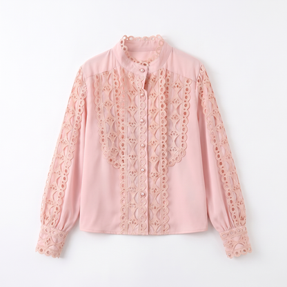 Sunoire women s autumn temperament long sleeved shirt loose and versatile lace shirt garment flatlay 01