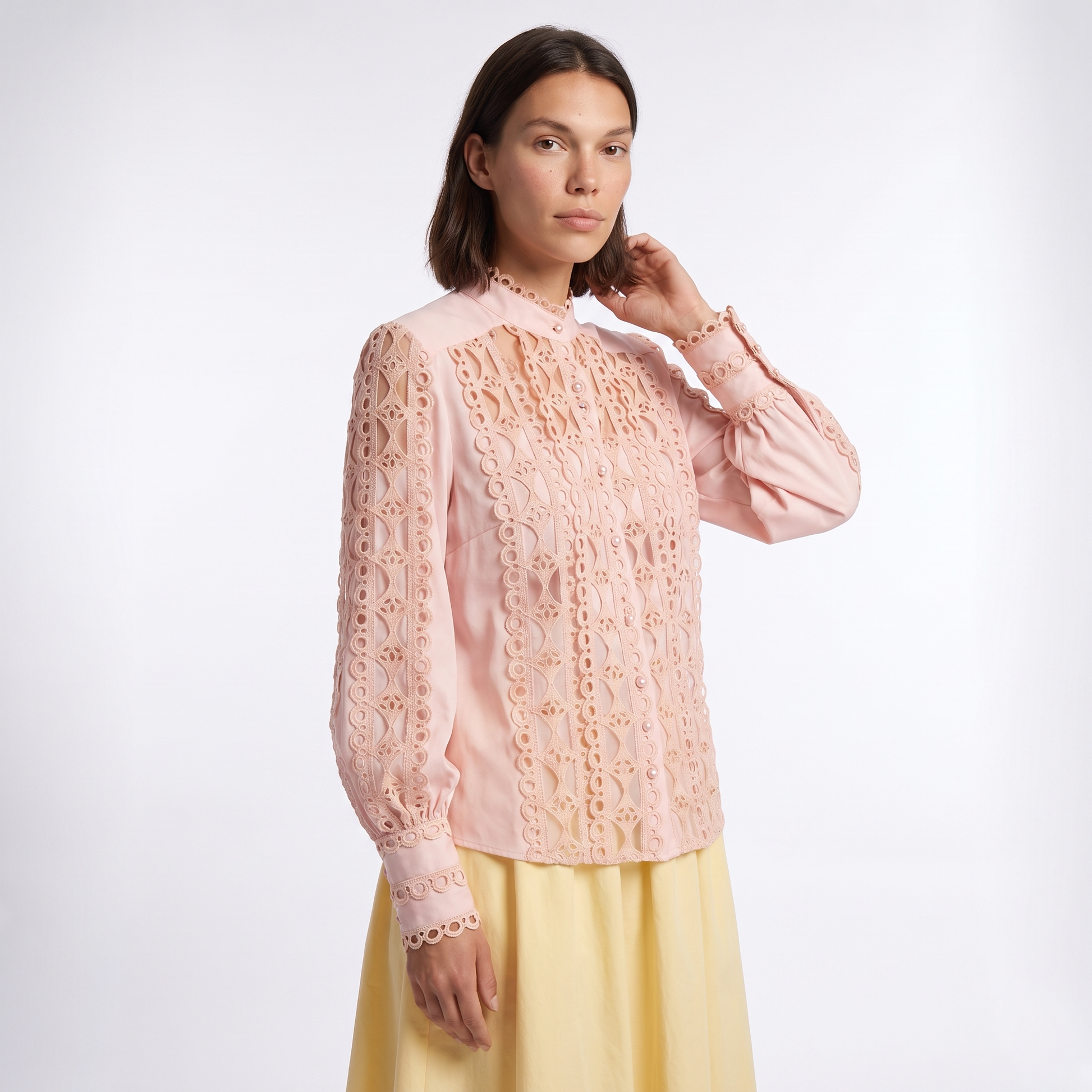 Sunoire women s autumn temperament long sleeved shirt loose and versatile lace shirt top crop 3q 01
