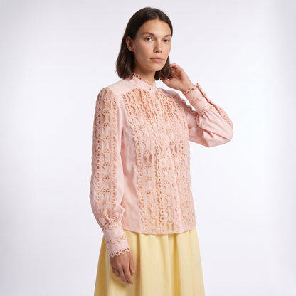 Sunoire women s autumn temperament long sleeved shirt loose and versatile lace shirt top crop 3q 01