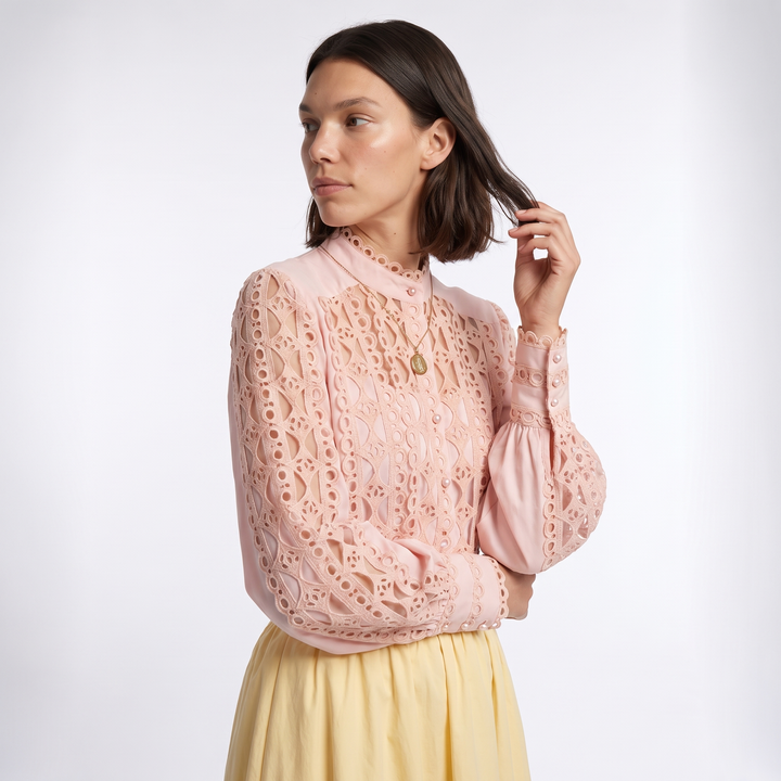 Sunoire women s autumn temperament long sleeved shirt loose and versatile lace shirt top side crop 01