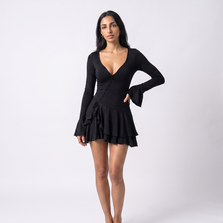 Nakoa Forest Green Ruffle V-Neck Mini Dress — Black