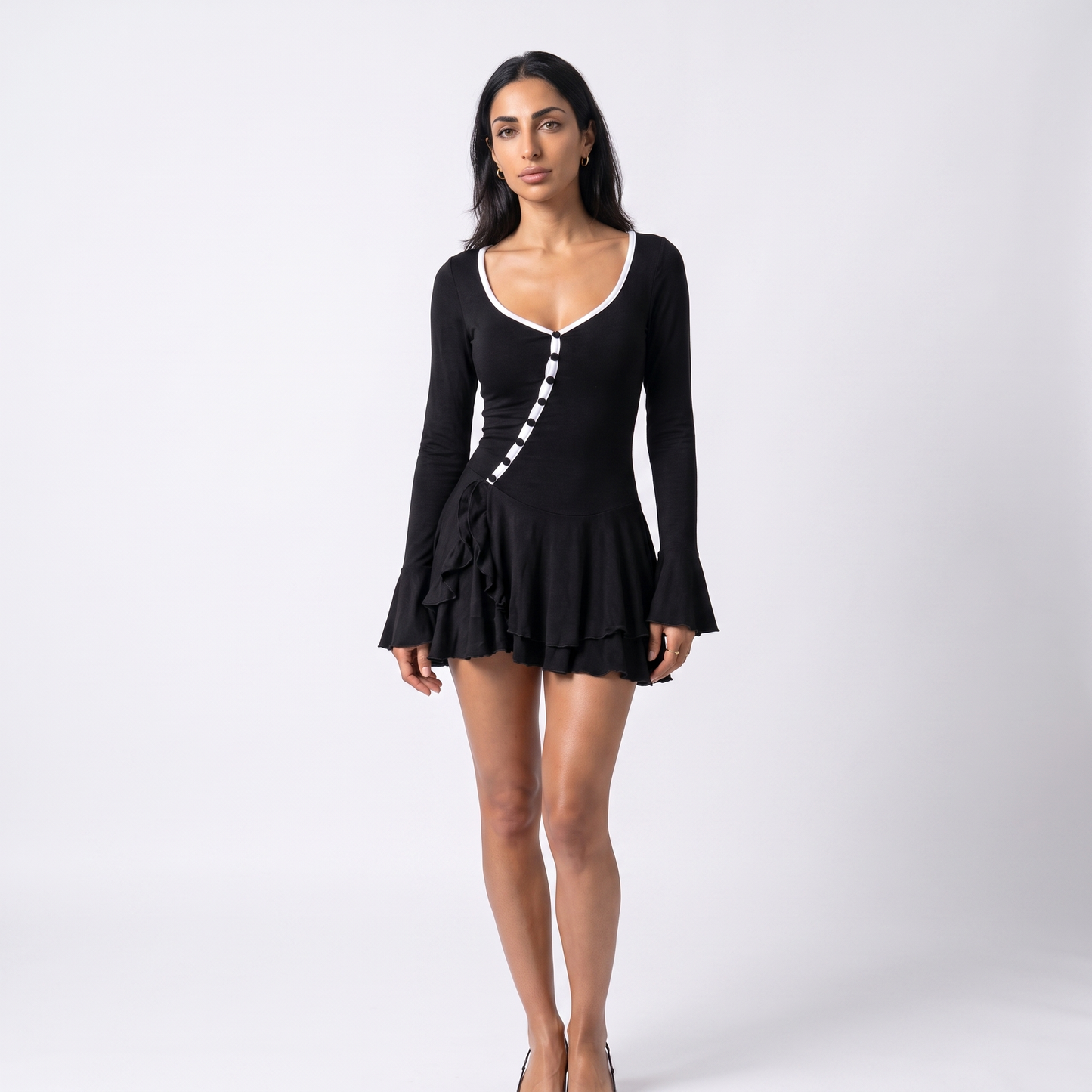 Sunoire women s casual short solid plain dyed summer flared sleeve waist cinching single breasted sexy hot mini dress colorway black white stripe front hero 01