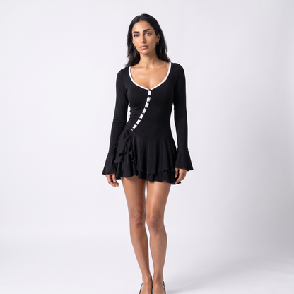 Sunoire women s casual short solid plain dyed summer flared sleeve waist cinching single breasted sexy hot mini dress colorway black white stripe front hero 01