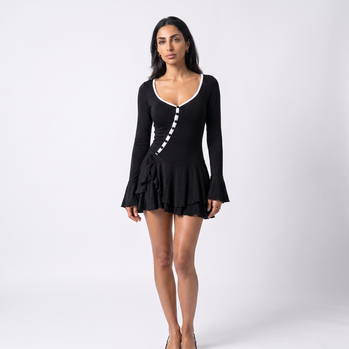 Nakoa Forest Green Ruffle V-Neck Mini Dress — Black(white stripe)