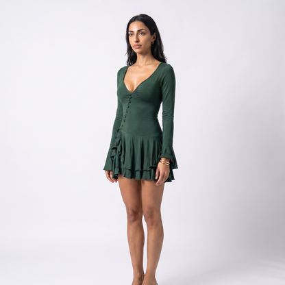 Sunoire women s casual short solid plain dyed summer flared sleeve waist cinching single breasted sexy hot mini dress colorway dark green front hero 01