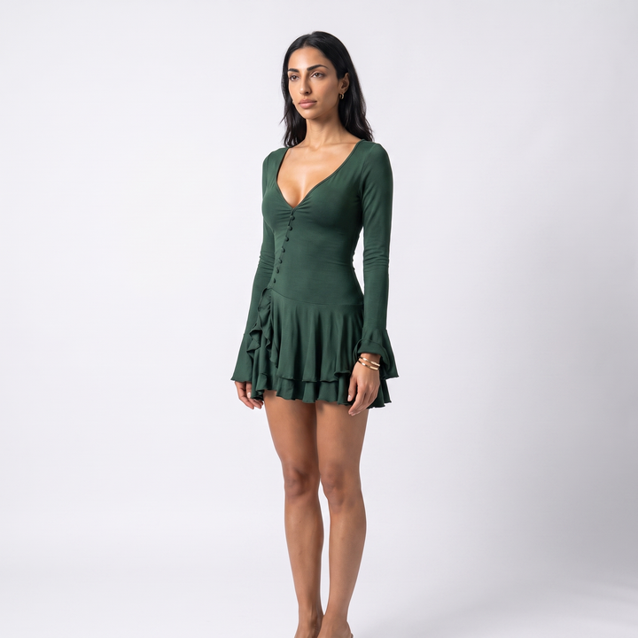 Sunoire women s casual short solid plain dyed summer flared sleeve waist cinching single breasted sexy hot mini dress colorway dark green front hero 01