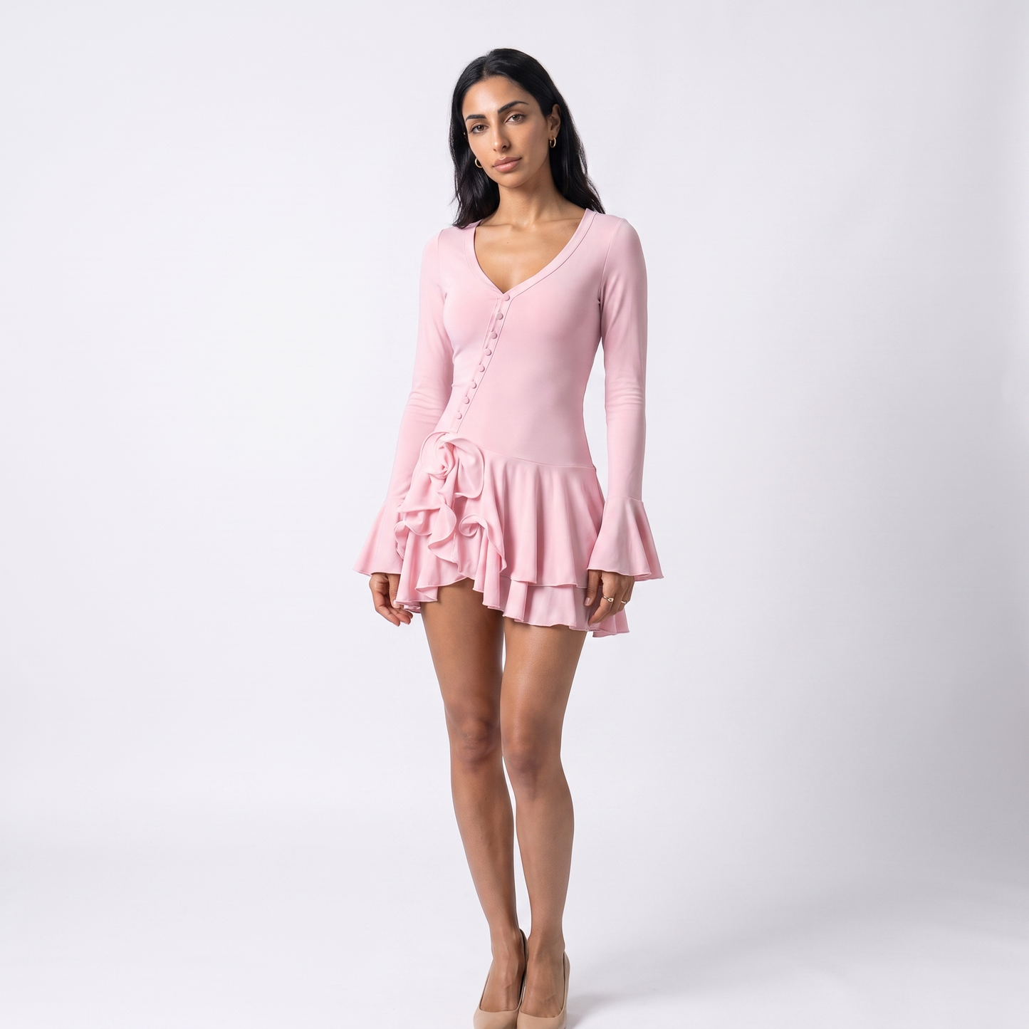 Sunoire women s casual short solid plain dyed summer flared sleeve waist cinching single breasted sexy hot mini dress colorway pink front hero 01