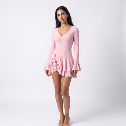 Sunoire women s casual short solid plain dyed summer flared sleeve waist cinching single breasted sexy hot mini dress colorway pink front hero 01