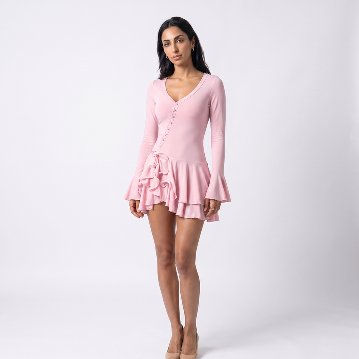 Nakoa Forest Green Ruffle V-Neck Mini Dress — Pink
